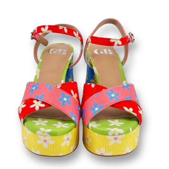 GB Ulti-Mate Floral Rainbow Rhinestone Platform Sandals Size 6 Y2K Throwback