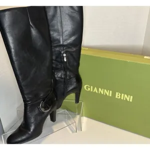 Gianni Bini Womens Black Leather Tall Knee Boots Heels Size 8 M Ankle Zip Brazil