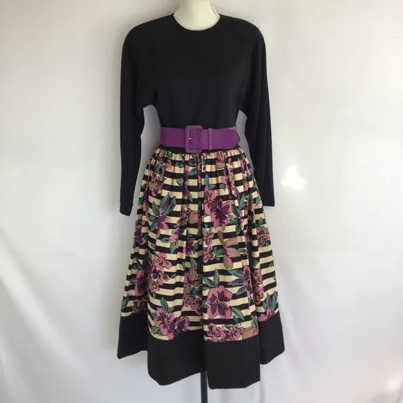 GO VICKI! WOMEN VINTAGE BLACK FLORAL STRIPS CREW NECK LONG SLEEVE DRESS SZ 11/12