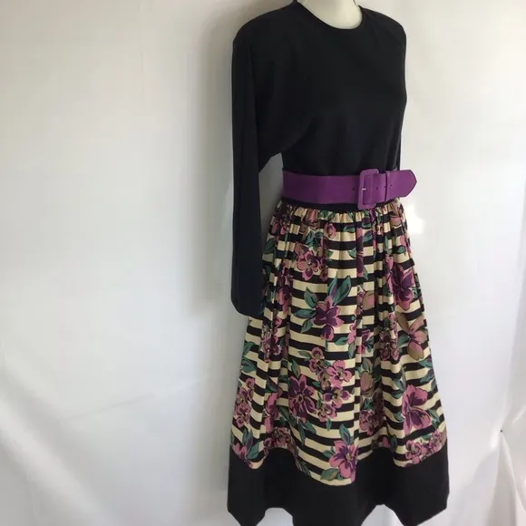 GO VICKI! WOMEN VINTAGE BLACK FLORAL STRIPS CREW NECK LONG SLEEVE DRESS SZ 11/12