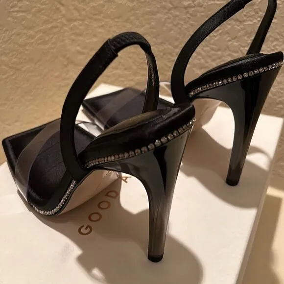 Good American Womens 10 Crystal Crush Sandals Heels Rhinestone Trim Black New