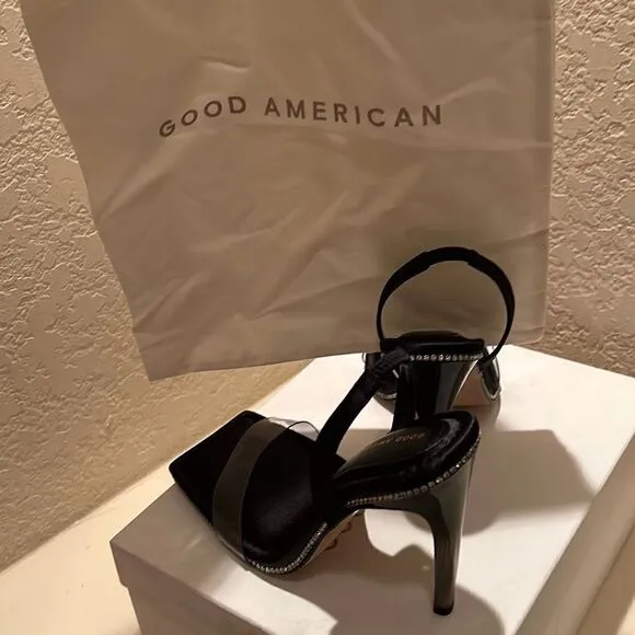 Good American Womens 10 Crystal Crush Sandals Heels Rhinestone Trim Black New