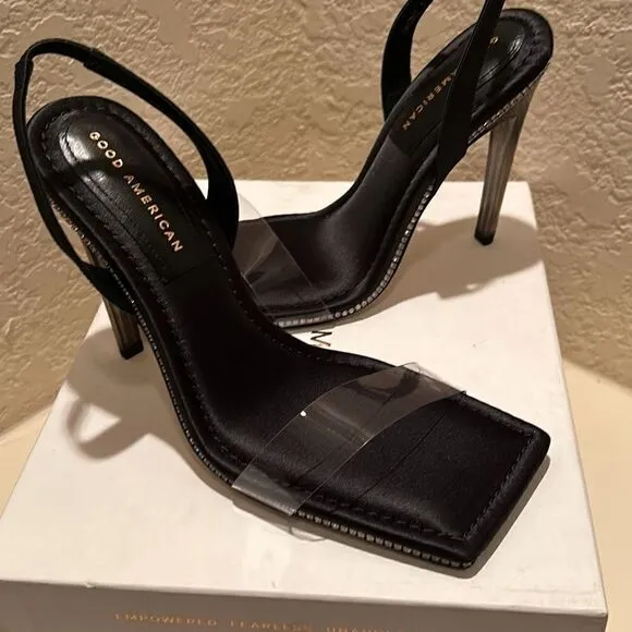 Good American Womens 10 Crystal Crush Sandals Heels Rhinestone Trim Black New