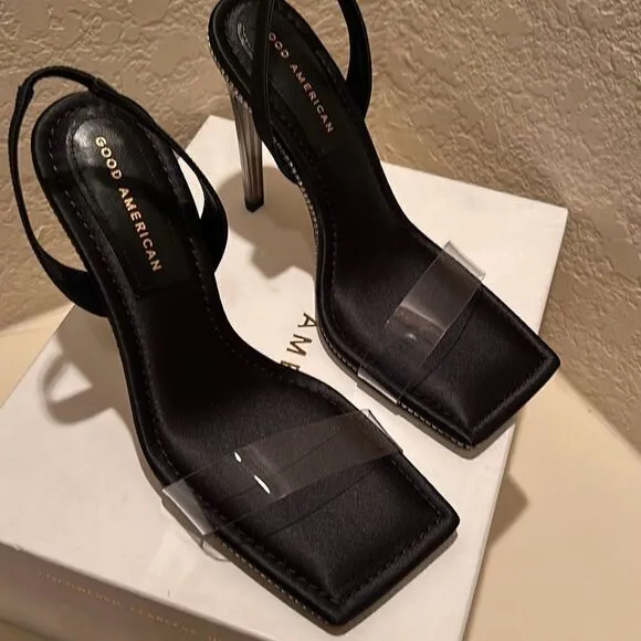Good American Womens 10 Crystal Crush Sandals Heels Rhinestone Trim Black New