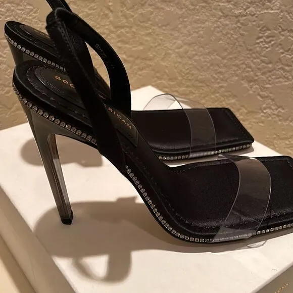 Good American Womens 10 Crystal Crush Sandals Heels Rhinestone Trim Black New