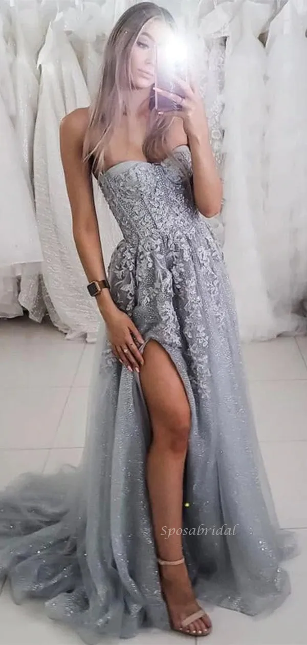 Gray Strapless Sexy Sweetheart Lace Side-slit A-line Long Prom Dress, PD3479