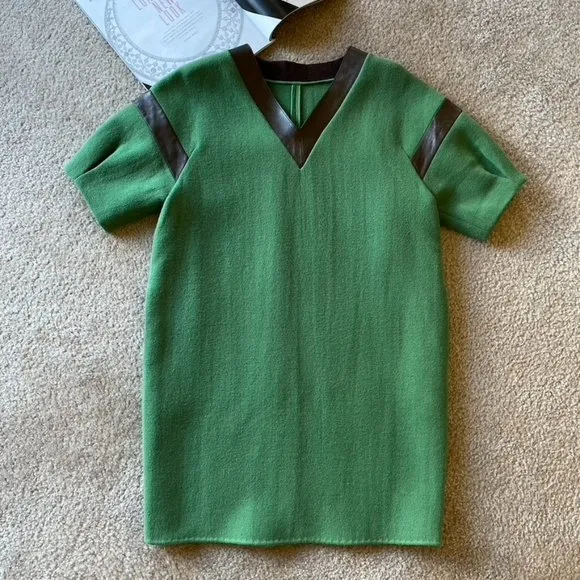 Green Wool V Neck Shoulder Leather Inset Shift Side Pocketsm Dress