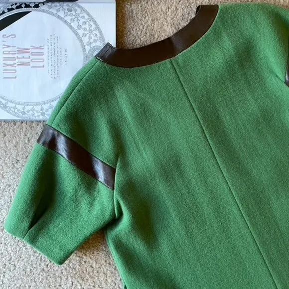 Green Wool V Neck Shoulder Leather Inset Shift Side Pocketsm Dress