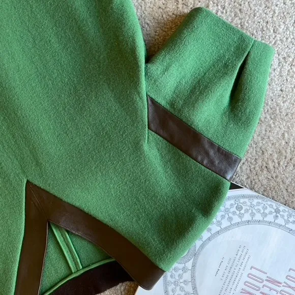 Green Wool V Neck Shoulder Leather Inset Shift Side Pocketsm Dress