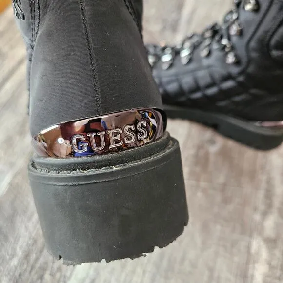 GUESS Ortela Combat Boots Size 7 Black Quilted Fabric Chunky Moto Ankle Lace Up