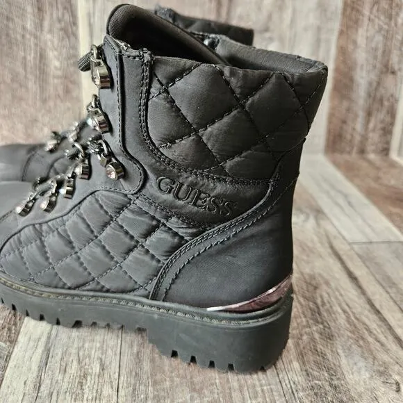 GUESS Ortela Combat Boots Size 7 Black Quilted Fabric Chunky Moto Ankle Lace Up