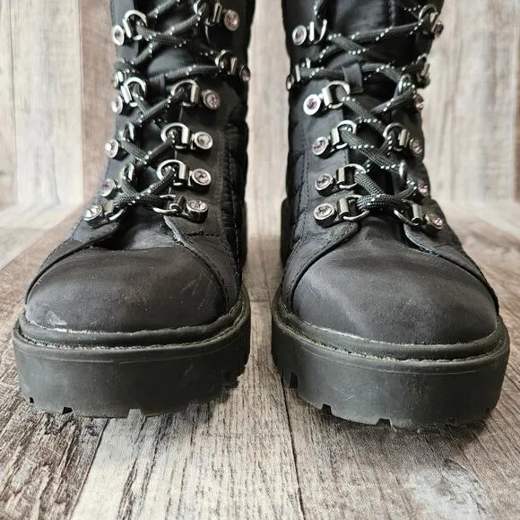 GUESS Ortela Combat Boots Size 7 Black Quilted Fabric Chunky Moto Ankle Lace Up
