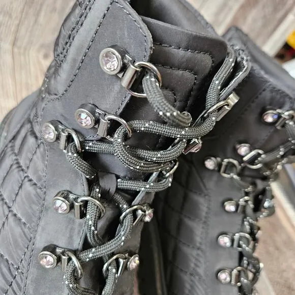 GUESS Ortela Combat Boots Size 7 Black Quilted Fabric Chunky Moto Ankle Lace Up