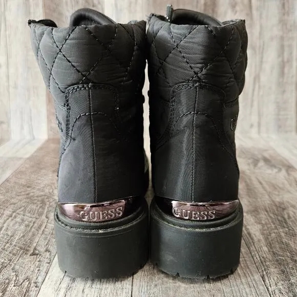 GUESS Ortela Combat Boots Size 7 Black Quilted Fabric Chunky Moto Ankle Lace Up