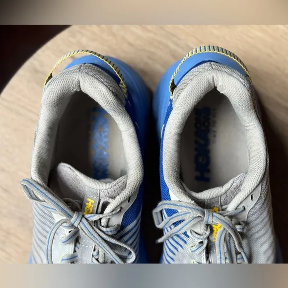Hoka Gray and Blue Running Shoes with Yellow Accents