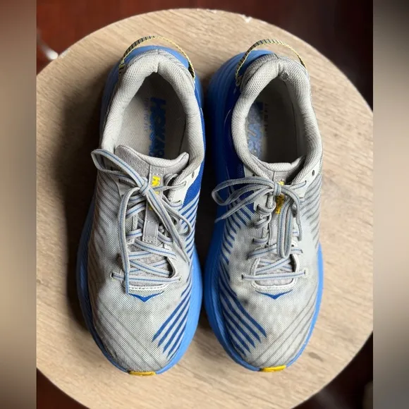Hoka Gray and Blue Running Shoes with Yellow Accents