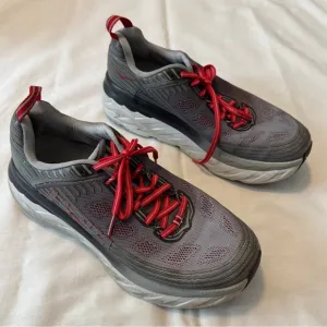 Hoka One One 9.5 Bondi 6 Gray Sneakers Athletic Shoes ~ Red Laces Running