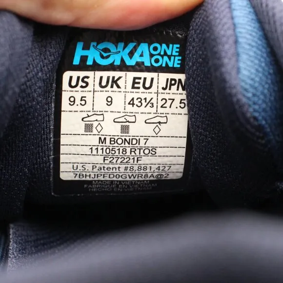 Hoka One One Bondi 7 Men's Size 9.5 Blue Running Shoes Sneakers  1110518 RTOS