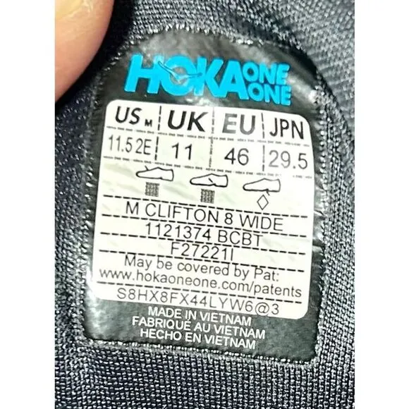Hoka One One Clifton 8 Mens 11.5 2E Running Athletic Shoes Sneakers 1121374 BCBT
