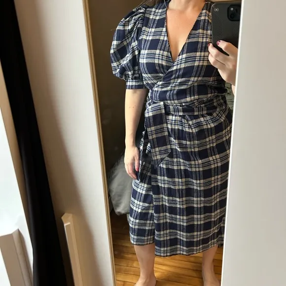 Hunter Bell Puff Sleeve Plaid wrap dress