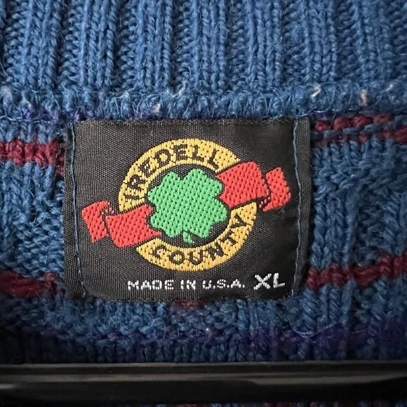 Iredell County Sweater Men XL Gray Cable Knit Pullover Classic Blue Red 80s