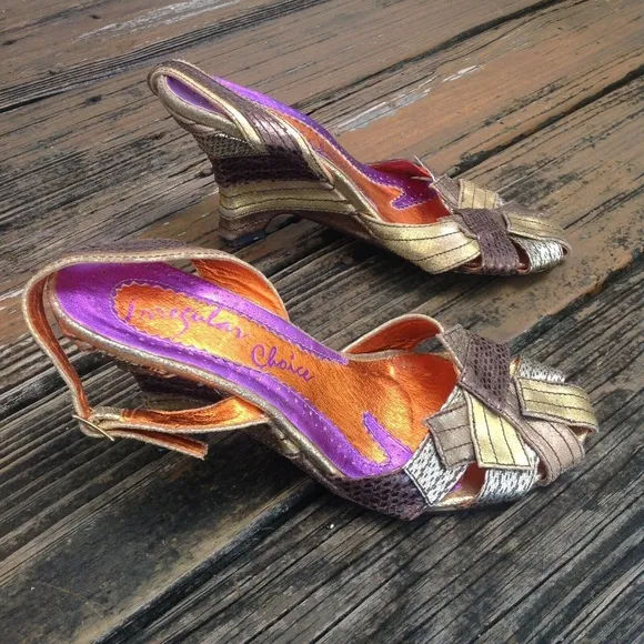 Irregular Choice Metallic Gold Brown Bronze Wedge Heels Sandals 11 EU 41 Shoes