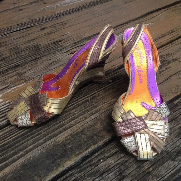 Irregular Choice Metallic Gold Brown Bronze Wedge Heels Sandals 11 EU 41 Shoes