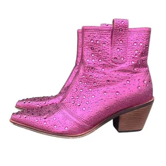ISNOM 11 Metallic Pink Rhinestone Western Boots Booties Cowgirl Festival Concert