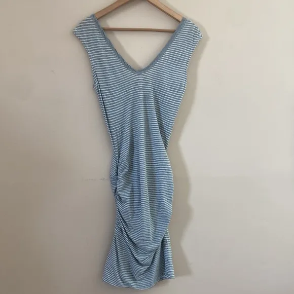 James Perse Striped Ruched V-Neck Midi Dress