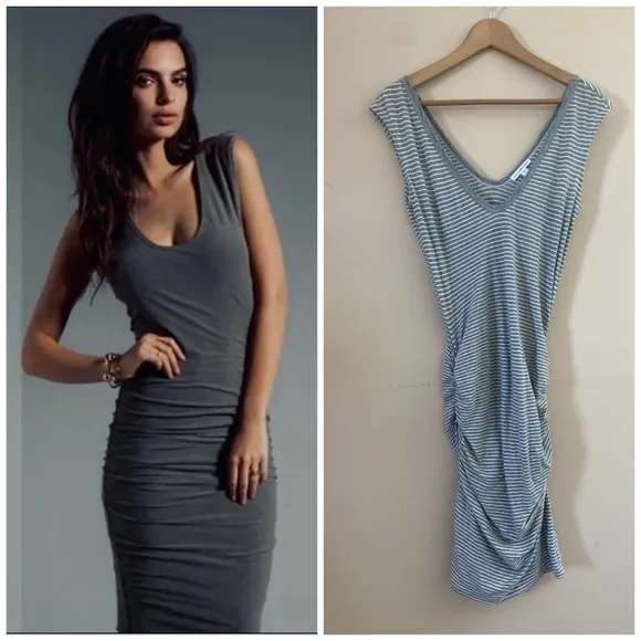 James Perse Striped Ruched V-Neck Midi Dress