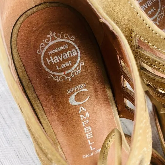 Jeffrey Campbell Tan Leather Wedge Peep Toe Sandals Ankle Lace Up Closure 6.5