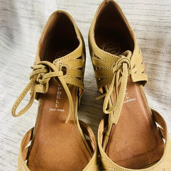 Jeffrey Campbell Tan Leather Wedge Peep Toe Sandals Ankle Lace Up Closure 6.5