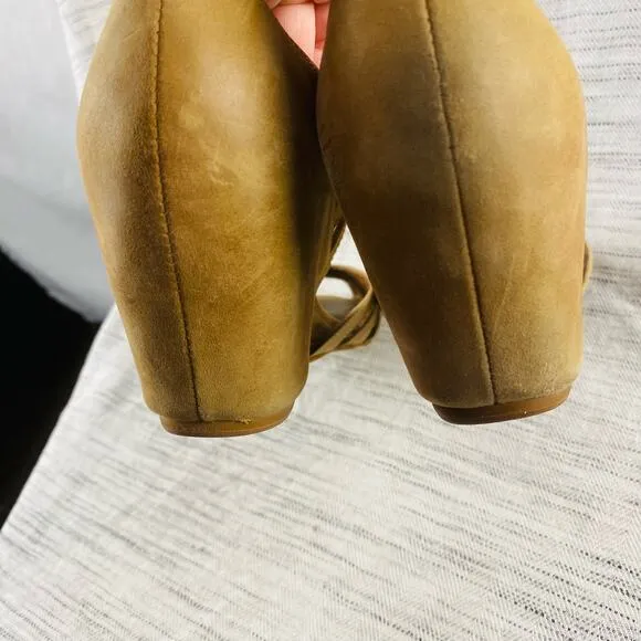 Jeffrey Campbell Tan Leather Wedge Peep Toe Sandals Ankle Lace Up Closure 6.5