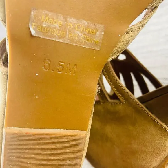 Jeffrey Campbell Tan Leather Wedge Peep Toe Sandals Ankle Lace Up Closure 6.5