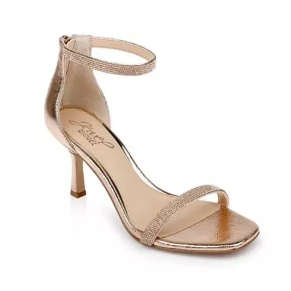 Jewel Badgley Mischka Brand Genny Curvy Heel Sandal in Rose Gold Metallic Size 9