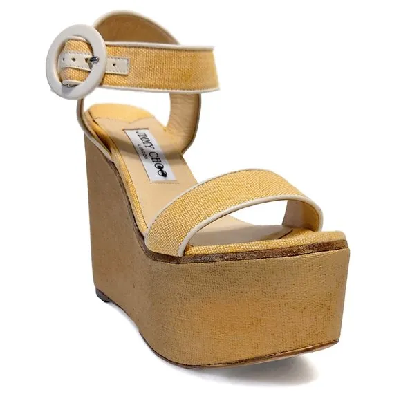 Jimmy Choo Abigail 140 Light Yellow Canva Women 37 EUR 7 US Wedge Sandals