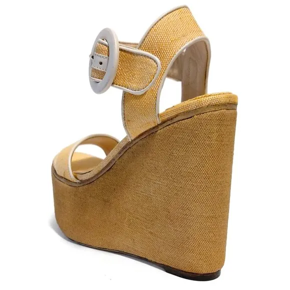 Jimmy Choo Abigail 140 Light Yellow Canva Women 37 EUR 7 US Wedge Sandals