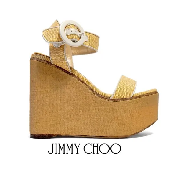 Jimmy Choo Abigail 140 Light Yellow Canva Women 37 EUR 7 US Wedge Sandals