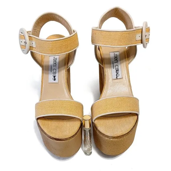 Jimmy Choo Abigail 140 Light Yellow Canva Women 37 EUR 7 US Wedge Sandals