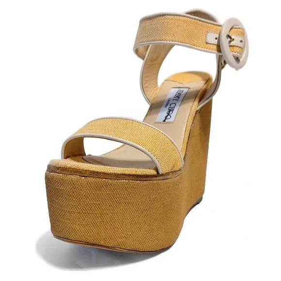 Jimmy Choo Abigail 140 Light Yellow Canva Women 37 EUR 7 US Wedge Sandals