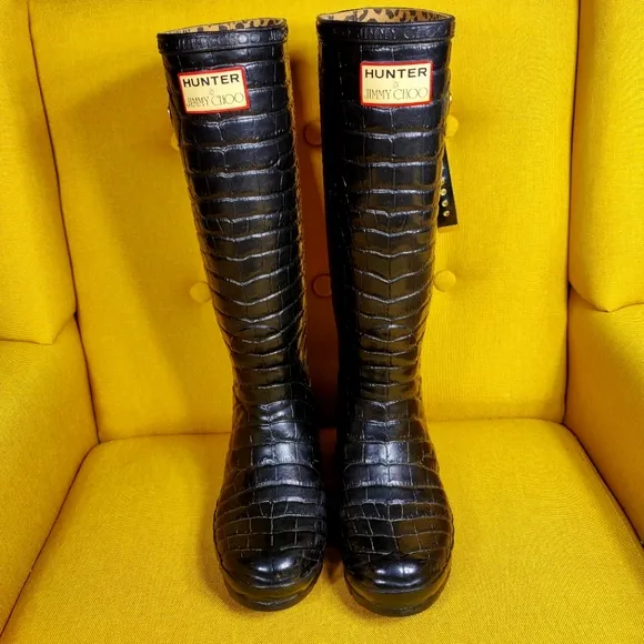 JIMMY CHOO &amp; HUNTER Special Edition Rain Croc Black Animal Print Lined Boot Sz 4
