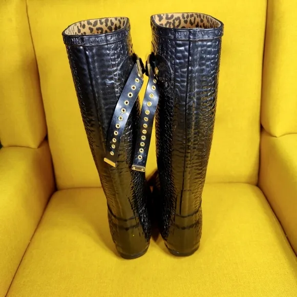 JIMMY CHOO &amp; HUNTER Special Edition Rain Croc Black Animal Print Lined Boot Sz 4