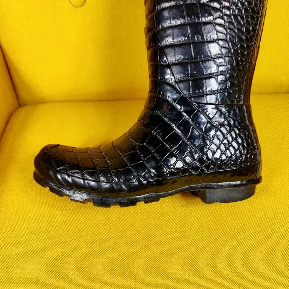 JIMMY CHOO &amp; HUNTER Special Edition Rain Croc Black Animal Print Lined Boot Sz 4