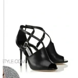 Jimmy Choo Black Heeled Sandals Criss Cross Peep Toe Size 37 Black