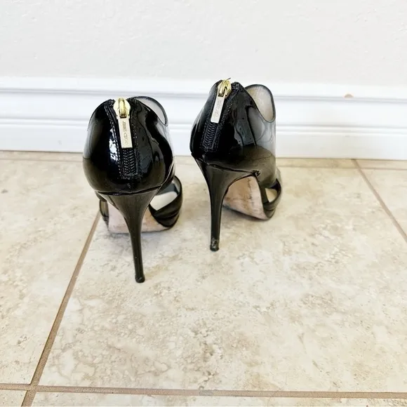 Jimmy Choo Black Patent Leather Private Sandals heels size 37.5
