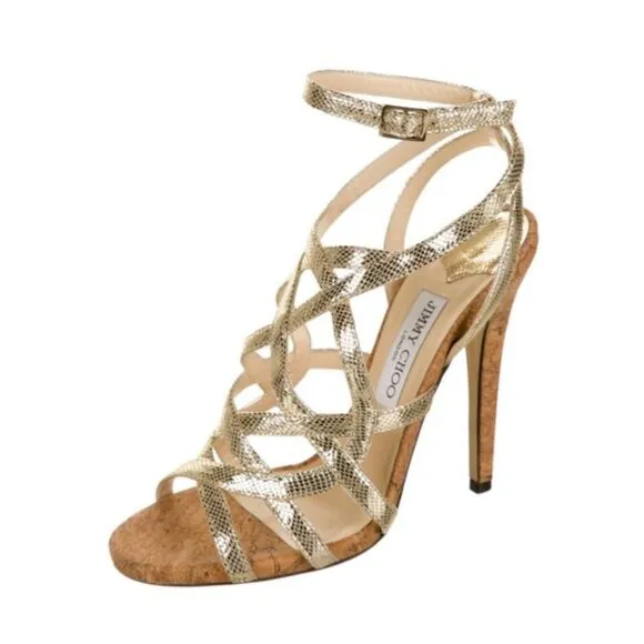 Jimmy Choo Dehlia Gladiator Strappy Sandals Heels Womens 37 7 Gold Leather Shoes