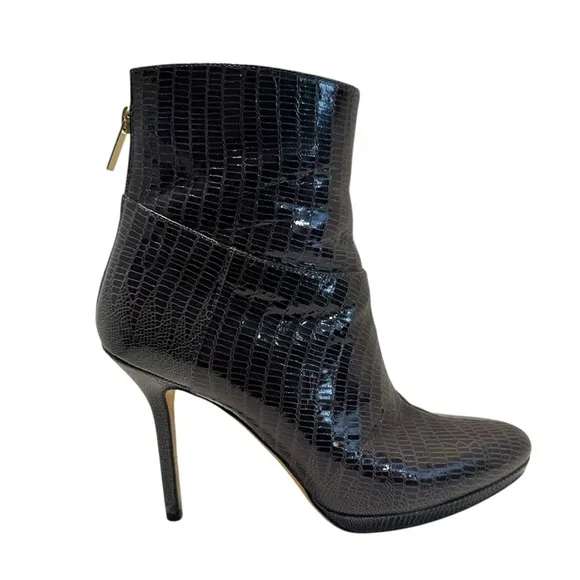 Jimmy Choo Embossed Leather Animal Reptile Boots Booties Heels Gray Brown 39 9