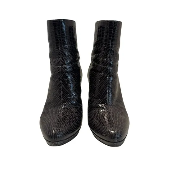 Jimmy Choo Embossed Leather Animal Reptile Boots Booties Heels Gray Brown 39 9