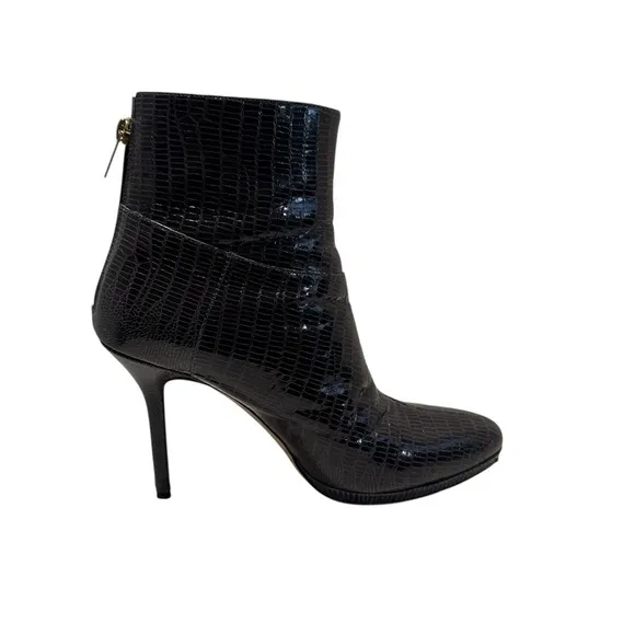Jimmy Choo Embossed Leather Animal Reptile Boots Booties Heels Gray Brown 39 9