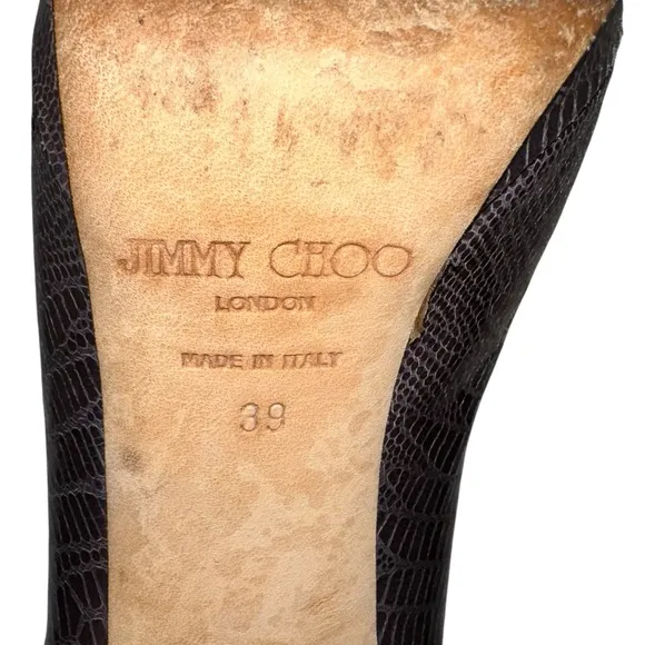Jimmy Choo Embossed Leather Animal Reptile Boots Booties Heels Gray Brown 39 9